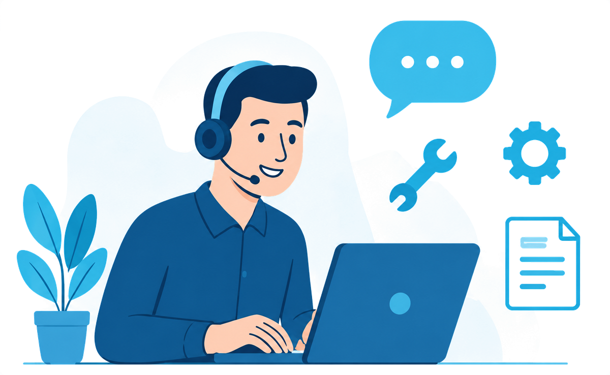 Illustration of a friendly support person in a headset working at a laptop, with a chat bubble, a wrench, a gear and a document
