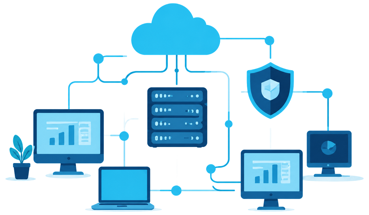 Flat illustration of office computers, a laptop, a server, a cloud and a security shield linked by cyan network lines
