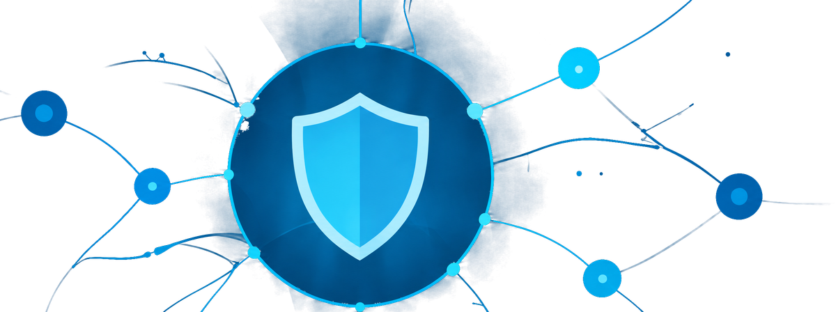 Abstract cyan shield and network lines on a navy background