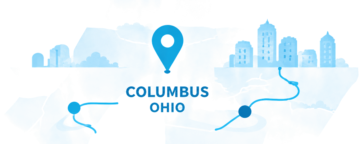 Illustrated map pin over Columbus, Ohio, with cyan paths and a soft city outline
